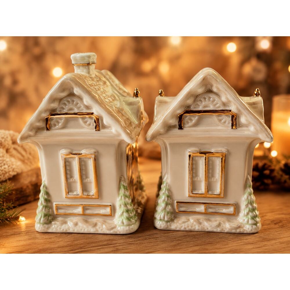 Lenox white porcelain house-shaped salt and Pepper set Christmas Village